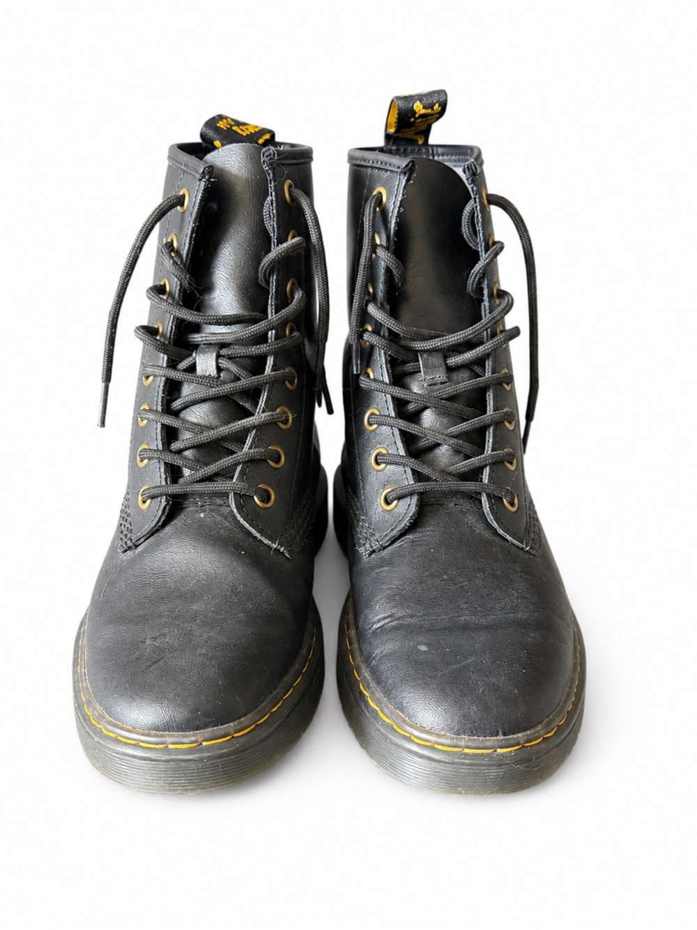 Dr. Martens Black Leather Lace-Up Women's Boots with Yellow Stitching